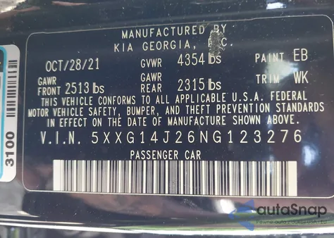 2022 Kia K5 Lxs из США, поврежденный, VIN 5XXG14J26NG123276